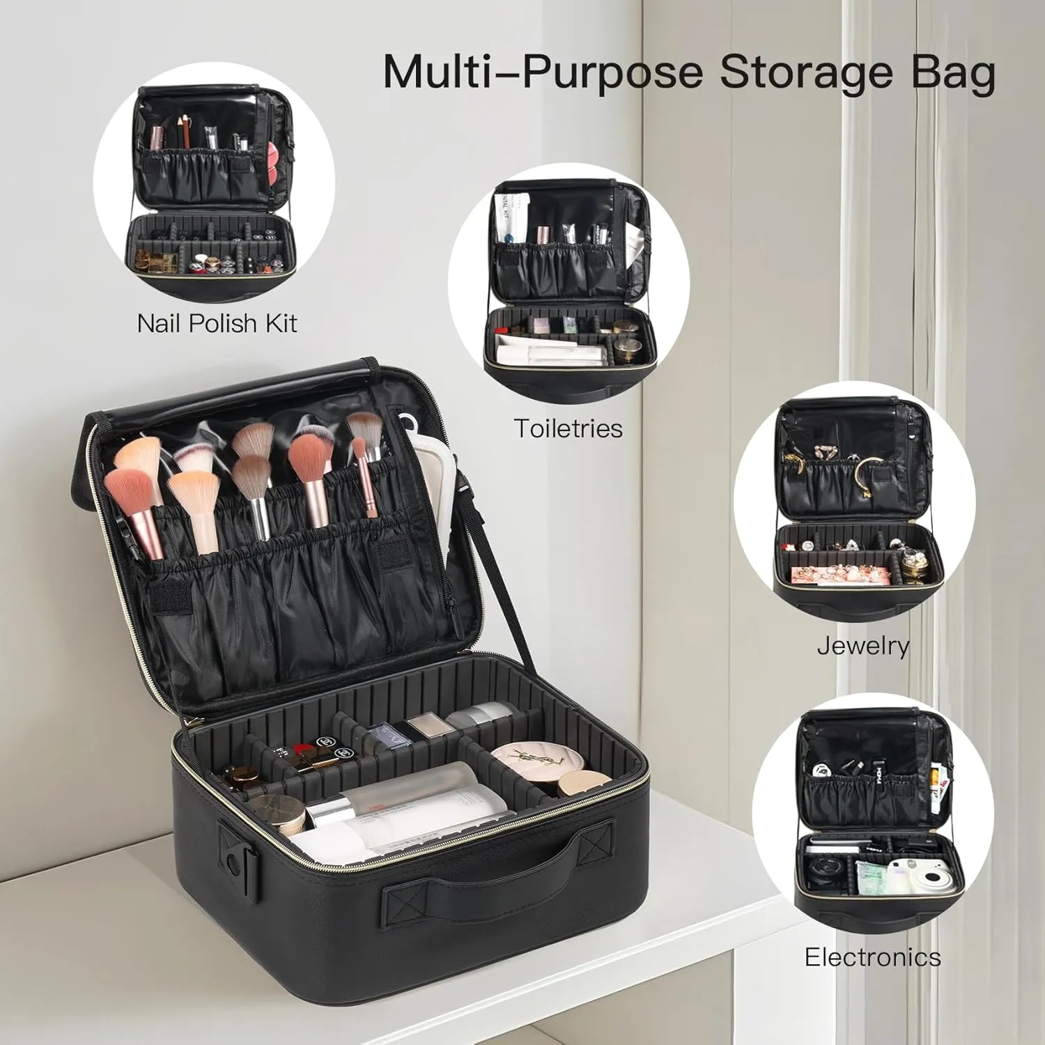 Makeup Travel Case, 12 Inch Makeup Organizer Bag with Compartment and Dividers, Portable Cosmetic Bag for Women with Brush Storage Sturdy Dual Zip Closure, Waterproof, Durable, Gift for Her, Black