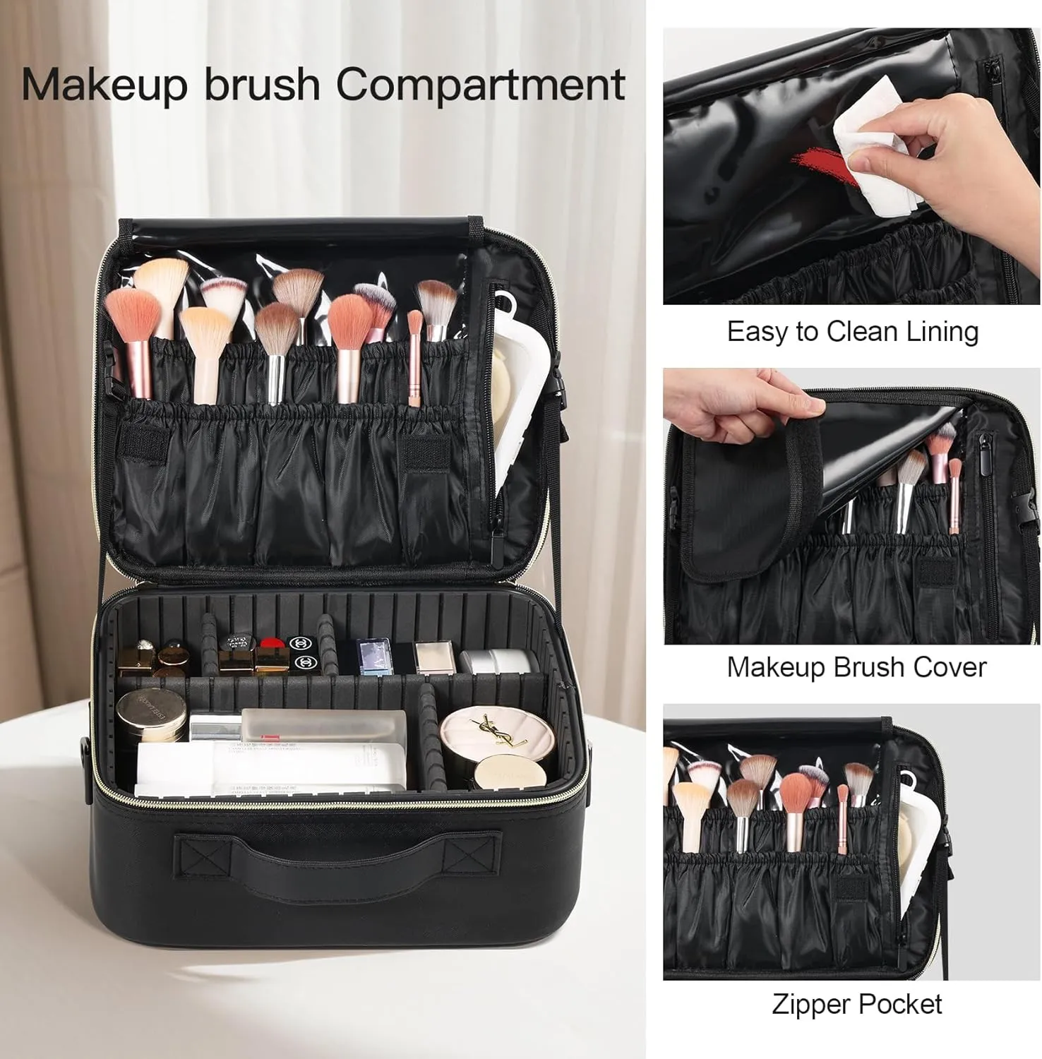 Makeup Travel Case, 12 Inch Makeup Organizer Bag with Compartment and Dividers, Portable Cosmetic Bag for Women with Brush Storage Sturdy Dual Zip Closure, Waterproof, Durable, Gift for Her, Black