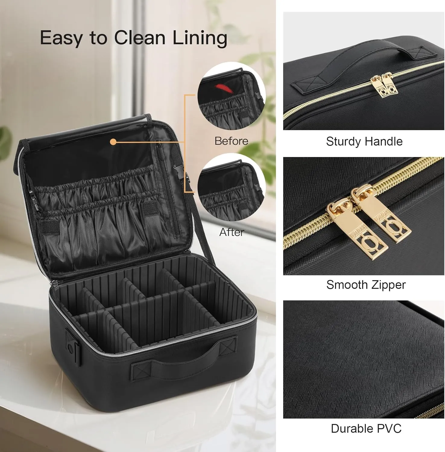 Makeup Travel Case, 12 Inch Makeup Organizer Bag with Compartment and Dividers, Portable Cosmetic Bag for Women with Brush Storage Sturdy Dual Zip Closure, Waterproof, Durable, Gift for Her, Black