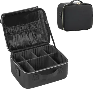 Makeup Travel Case, 12 Inch Makeup Organizer Bag with Compartment and Dividers, Portable Cosmetic Bag for Women with Brush Storage Sturdy Dual Zip Closure, Waterproof, Durable, Gift for Her, Black