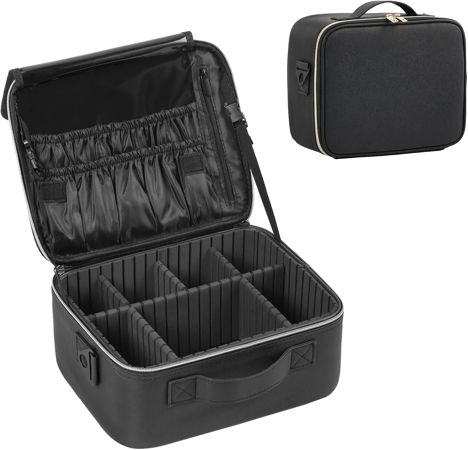 Makeup Travel Case, 12 Inch Makeup Organizer Bag with Compartment and Dividers, Portable Cosmetic Bag for Women with Brush Storage Sturdy Dual Zip Closure, Waterproof, Durable, Gift for Her, Black