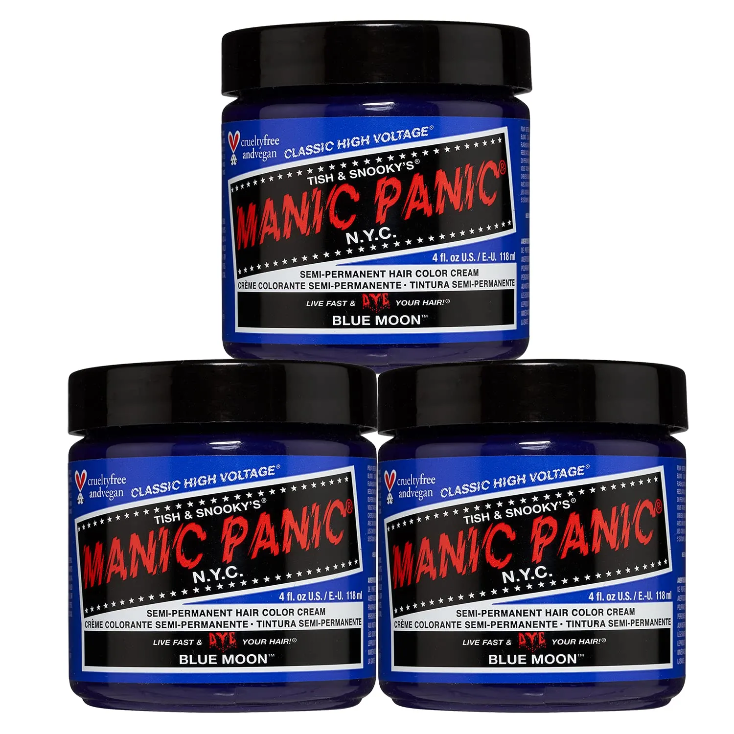 MANIC PANIC Classic Blue Moon Semi Permanent Hair Color - Neon Cool Blue Hair Dye for Women & Men That Lasts 4-6 Weeks - Vegan, Ammonia & Cruelty-Free - Create & Mix Custom Shades (4oz / 3pk)