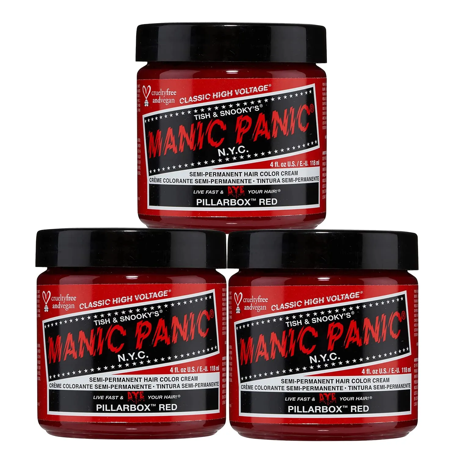 MANIC PANIC Classic Pillarbox Red Semi Permanent Hair Color - True Red Hair Dye for Women & Men That Lasts 4-6 Weeks - Vegan, Ammonia & Cruelty-Free - Create & Mix Custom Shades (4oz / 3pk)
