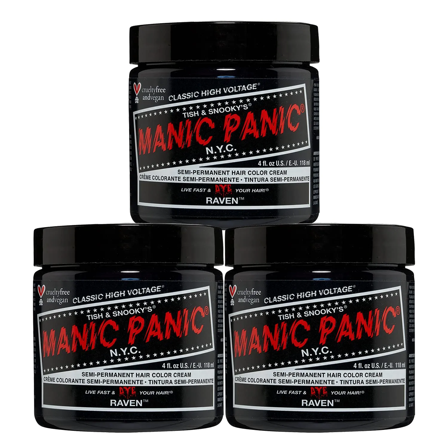 MANIC PANIC Classic Raven Semi Permanent Hair Color - Cool-Toned Black Hair Dye for Women & Men That Lasts 4-6 Weeks - Vegan, Ammonia & Cruelty-Free - Create & Mix Custom Shades (4oz / 3pk)