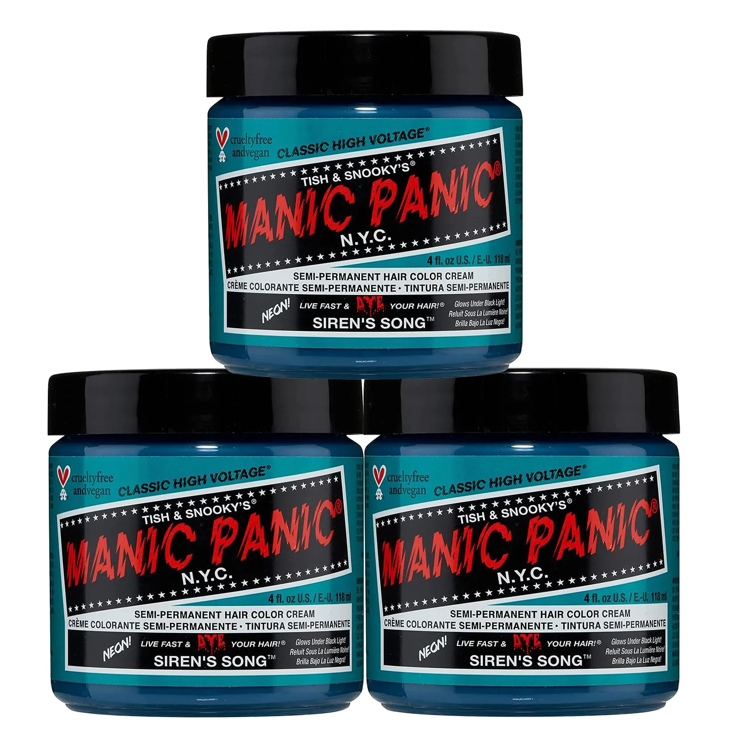 MANIC PANIC Classic Siren's Song Semi Permanent Hair Color - Neon Blue-Green Hair Dye for Women & Men That Lasts 4-6 Weeks - Vegan, Ammonia & Cruelty-Free - Create & Mix Custom Shades (4oz / 3pk)