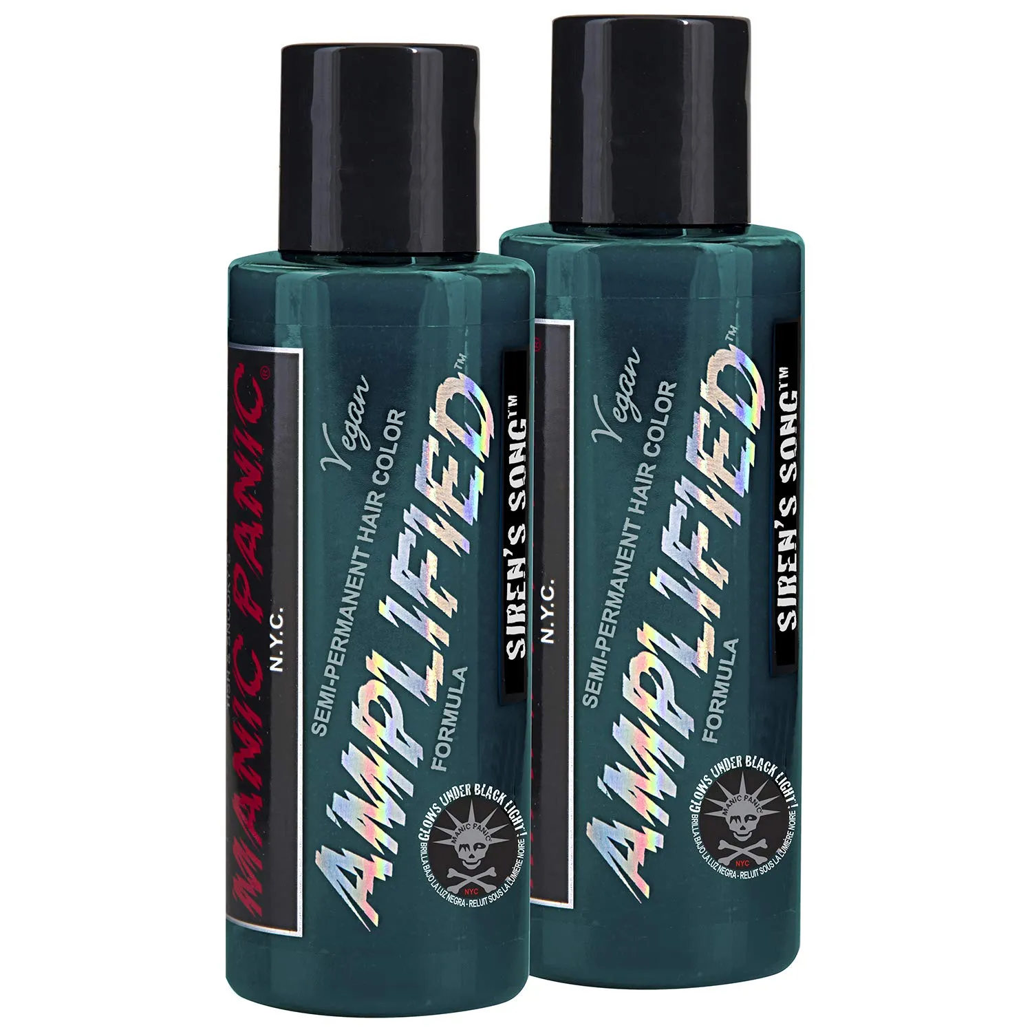 MANIC PANIC Siren’s Song Hair Color - Amplified - (2PK) Semi Permanent Hair Dye - Neon Blue Green Color - Glows in Blacklight - Vegan, PPD & Ammonia Free - For Coloring Hair on Women & Men
