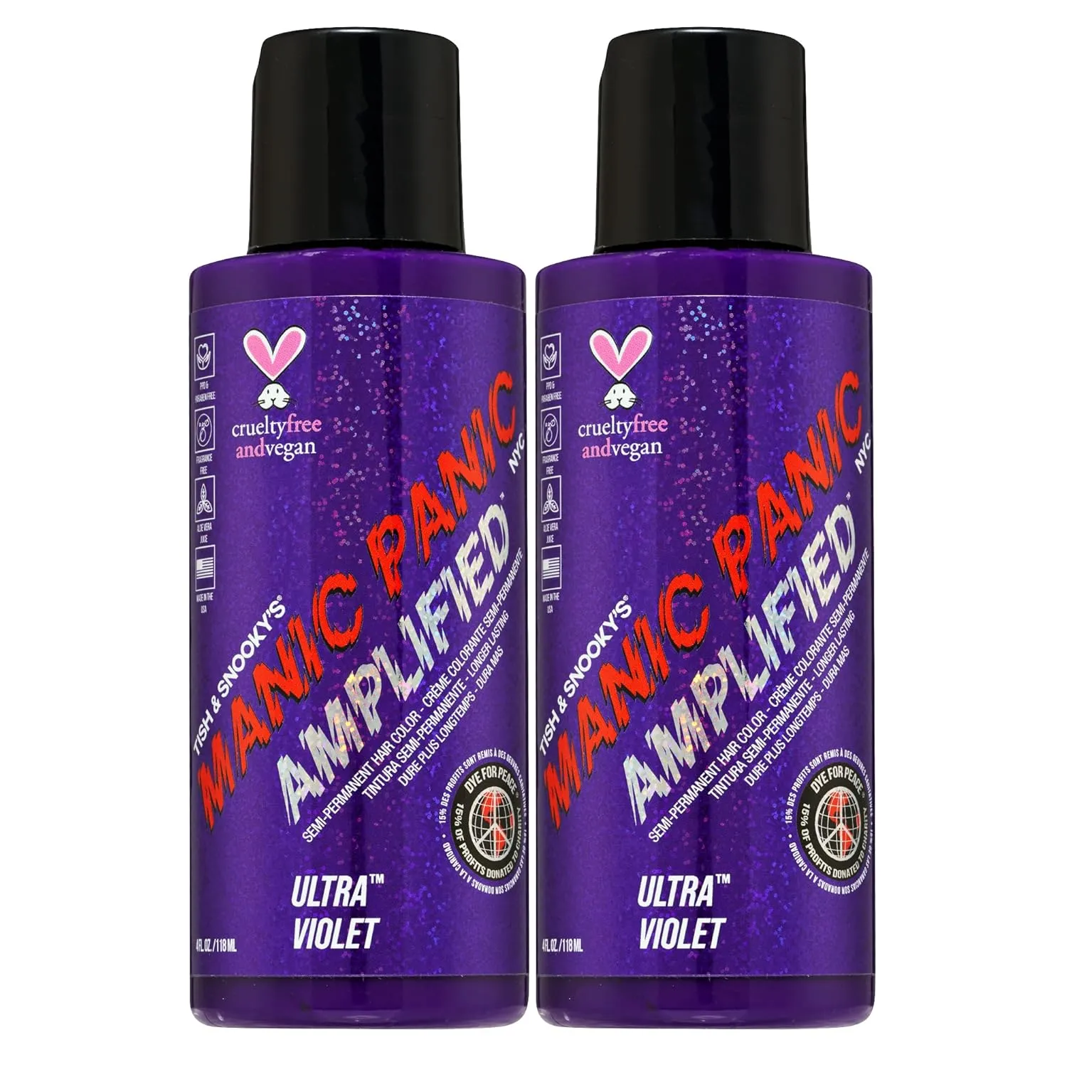 MANIC PANIC Ultra Violet Hair Color - Amplified - (2PK) Semi Permanent Hair Dye - Cool Blue Toned Violet Color - Vegan, PPD & Ammonia Free - For Coloring Hair on Men & Women