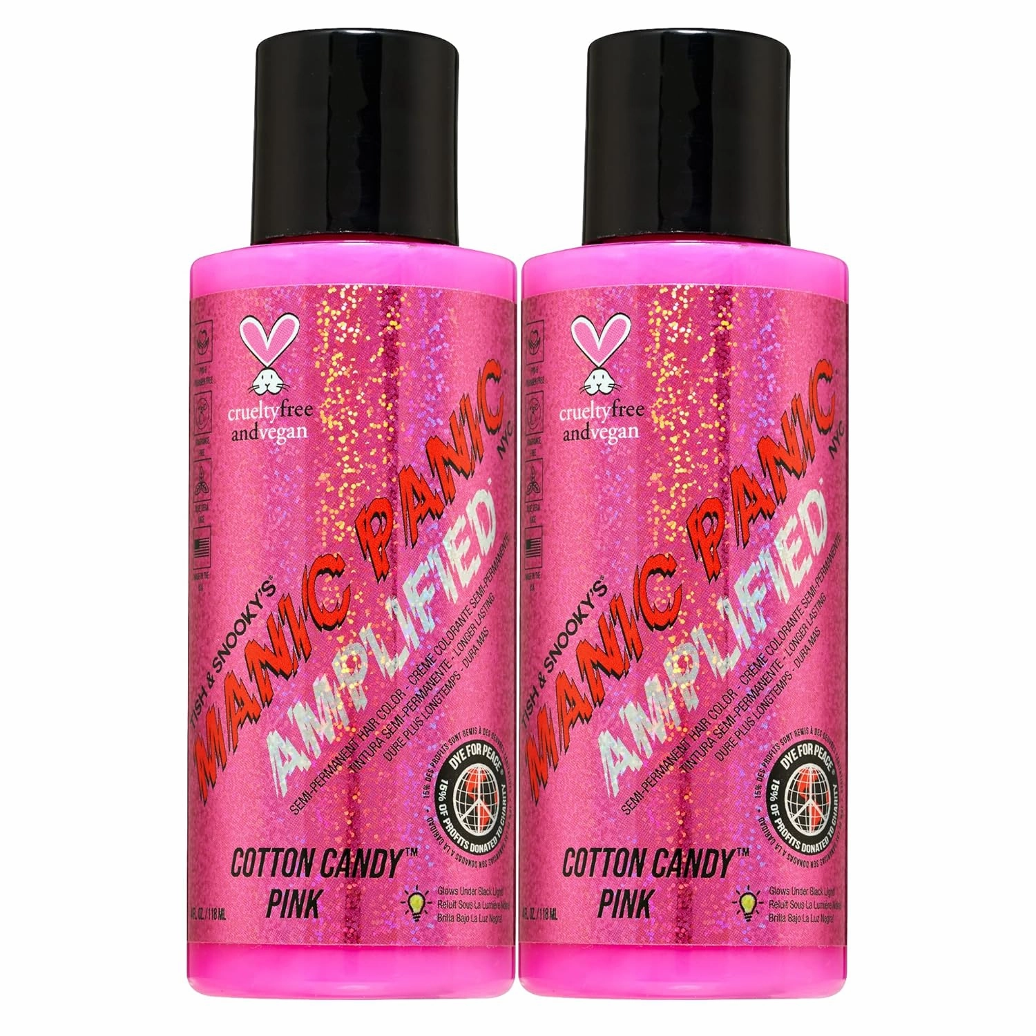 MANIC PANIC Cotton Candy Pink Hair Color - Amplified - (2PK) Semi Permanent Hair Dye - Bright Pink Cool Toned Color - Glows in Blacklight - Vegan, PPD & Ammonia-Free - For Coloring Hair on Women & Men