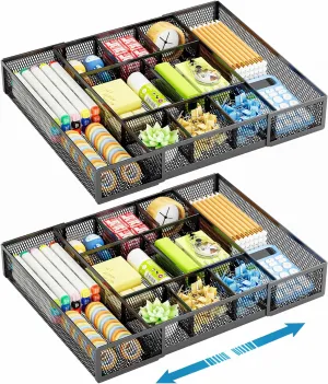 Marbrasse Expandable Desk Drawer Organizer, Mesh Drawer Organizer Tray with 10 Adjustable Compartments, Desk Organizers and Accessories for Office Supplies, Makeup & Vanity (Expandable Black-2 pack)