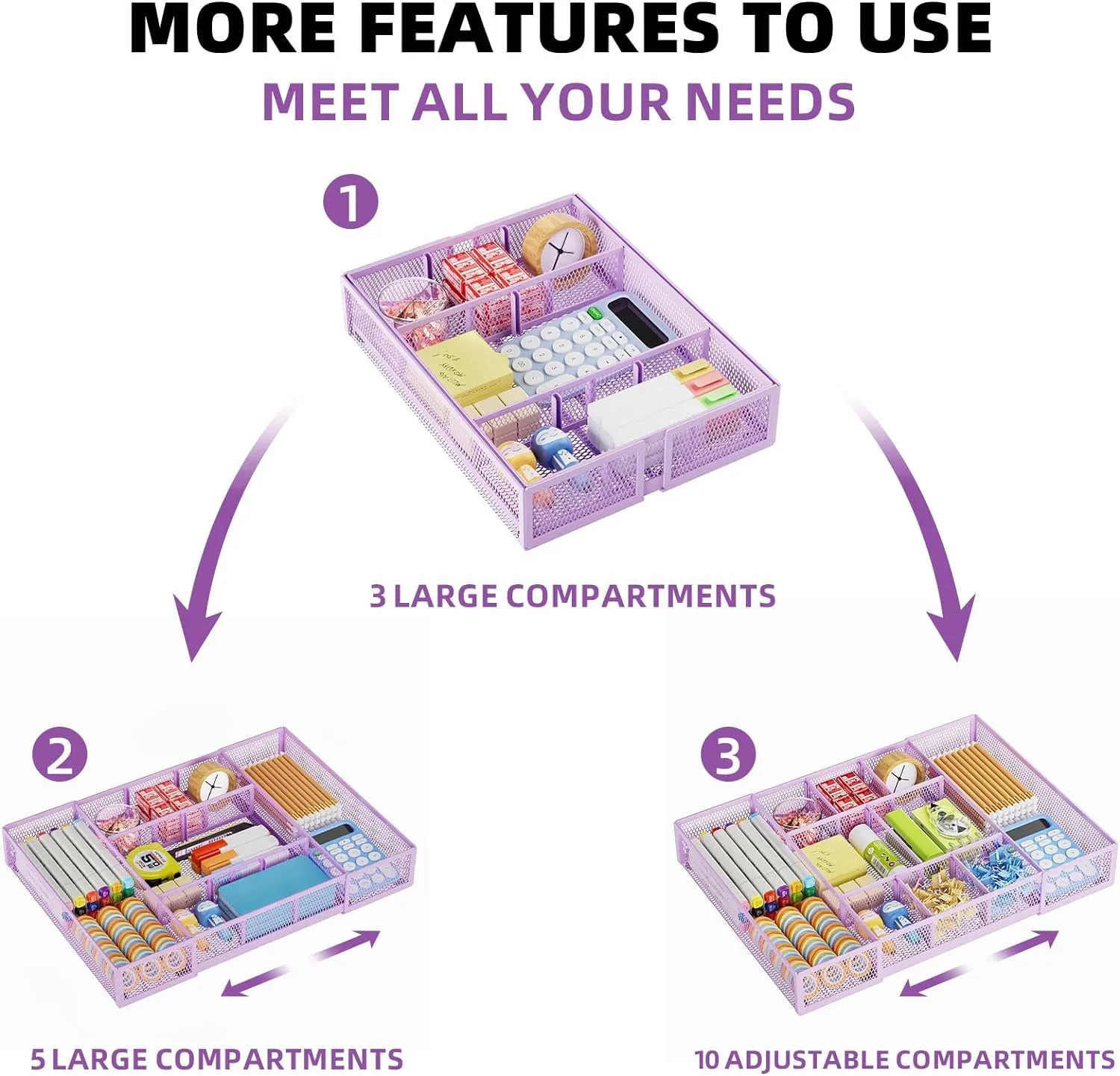 Marbrasse Expandable Desk Drawer Organizer, Mesh Drawer Organizer Tray with 10 Adjustable Compartments, Desk Organizers and Accessories for Office Supplies, Makeup & Vanity (Expandable-Purple)