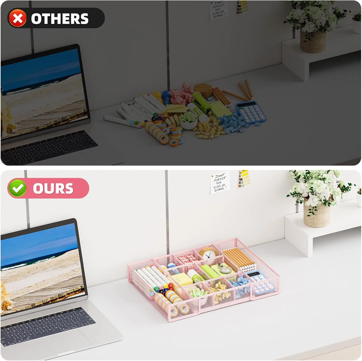 Marbrasse Expandable Desk Drawer Organizer, Mesh Tray with 10 Adjustable Compartments, Desk Organizers for Office Supplies, Makeup & Vanity (Expandable-Pink)