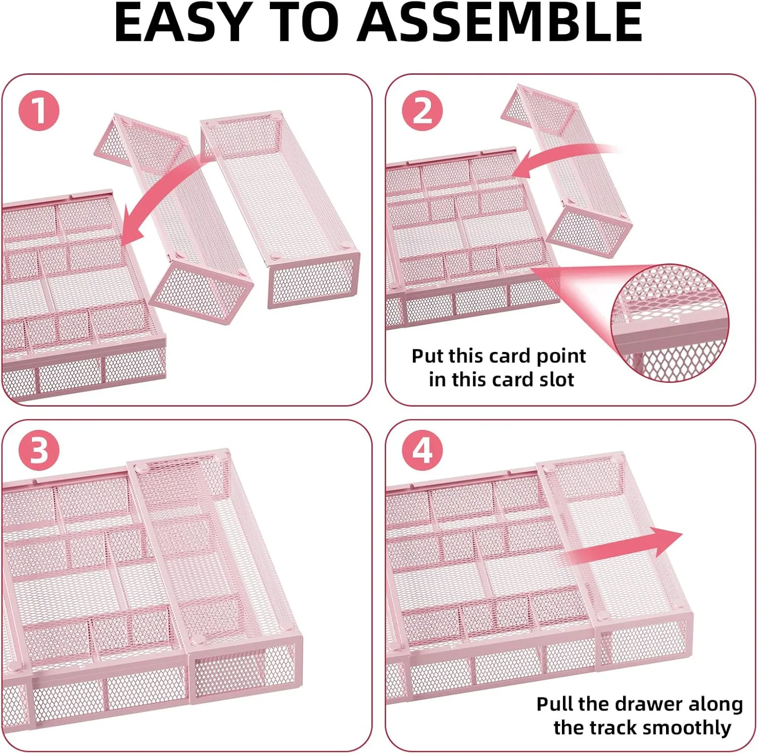 Marbrasse Expandable Desk Drawer Organizer, Mesh Tray with 10 Adjustable Compartments, Desk Organizers for Office Supplies, Makeup & Vanity (Expandable-Pink)