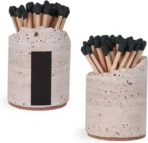 Match Holder with Striker - Set of 2 - Handmade Travertine Match Box - Matches in a jar for Bathroom Candle - Cute Home Decor - Matches Not Included
