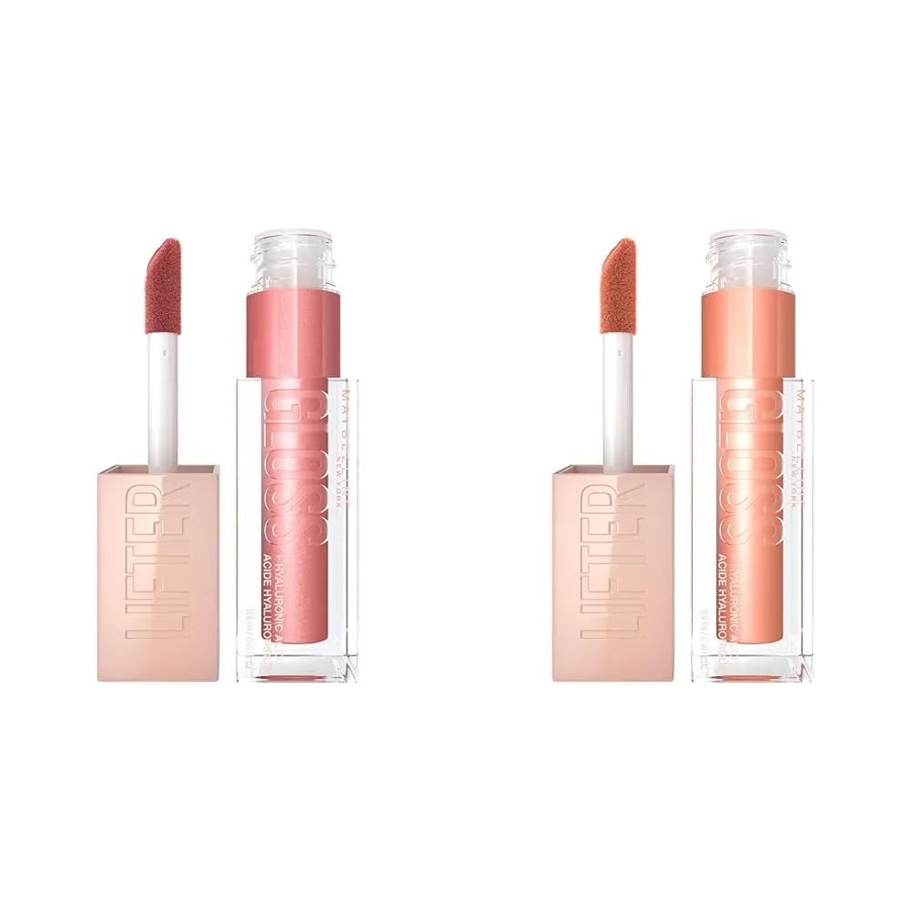 MAYBELLINE Lifter Gloss Hydrating Lip Gloss with Hyaluronic Acid Moon Nude Pink 0.18 oz & Amber Cream Neutral 0.18 oz