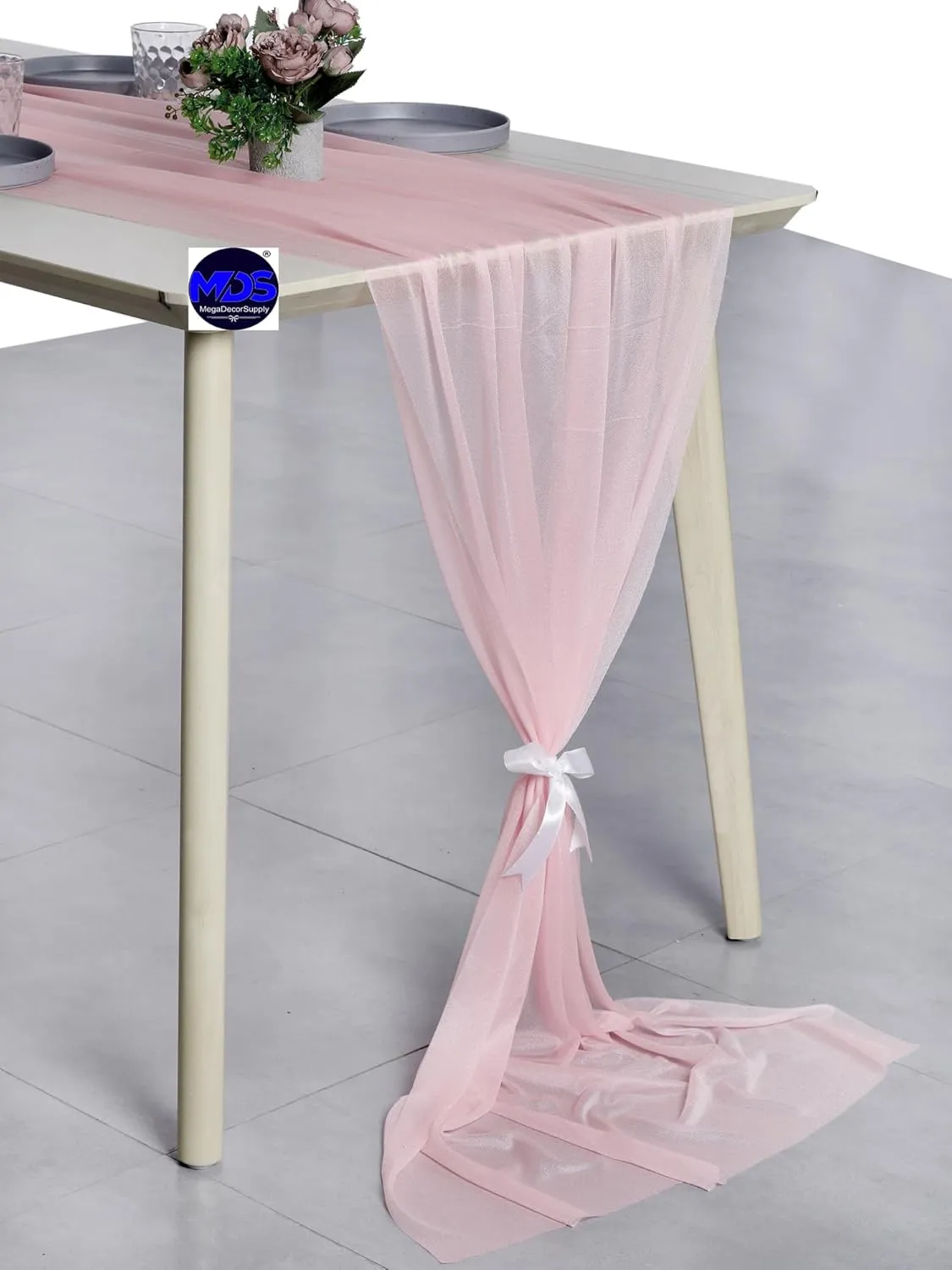 MDS 5 Pack 14ft Chiffon Table Runner 29 x 170 Inches Sheer Wedding Runner Romantic Rustic Table Runner for Wedding Decorations, Birthday Parties, Bridal Shower Party Arch Decor - Blush Pink