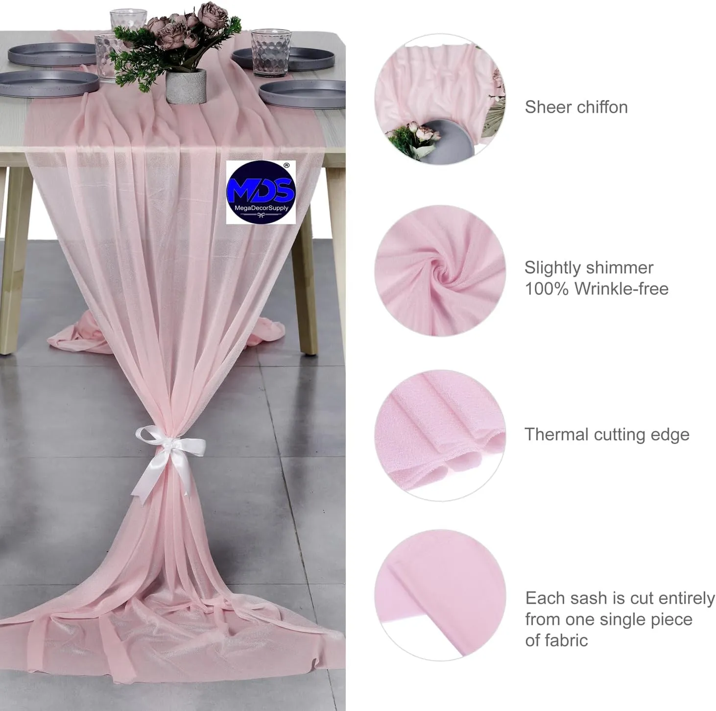 MDS 5 Pack 14ft Chiffon Table Runner 29 x 170 Inches Sheer Wedding Runner Romantic Rustic Table Runner for Wedding Decorations, Birthday Parties, Bridal Shower Party Arch Decor - Blush Pink
