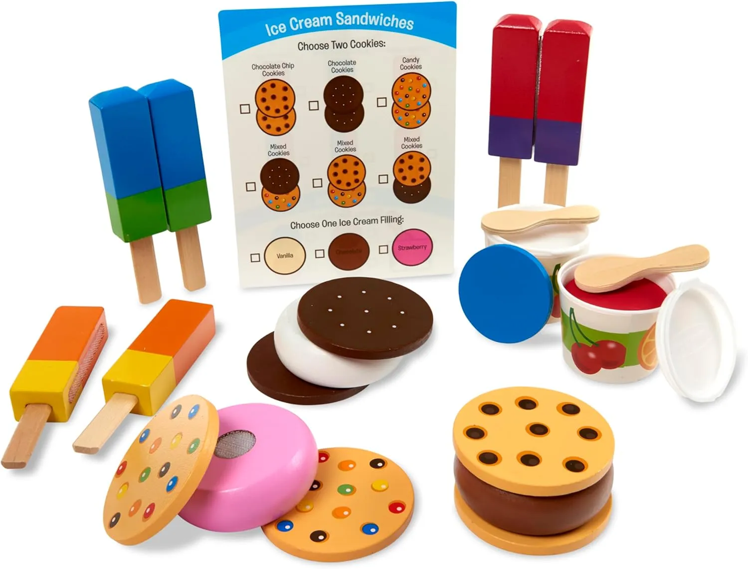 Melissa & Doug Wooden Frozen Treats Ice Cream Play Set (24 pcs) - Play Food and Accessories Food Toys for Toddlers and Kids 3 