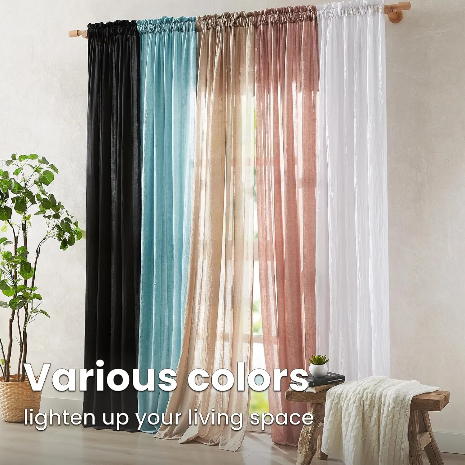 Melodieux Blush Pink Cotton Sheer Curtains 84 Inches Long, Bedroom Living Room Natural Light Filtering Crepe Voile Drapes Rustic Crinkle Linen Sheer Curtains Rod Pocket, 52" W x 84" L, 2 Panels