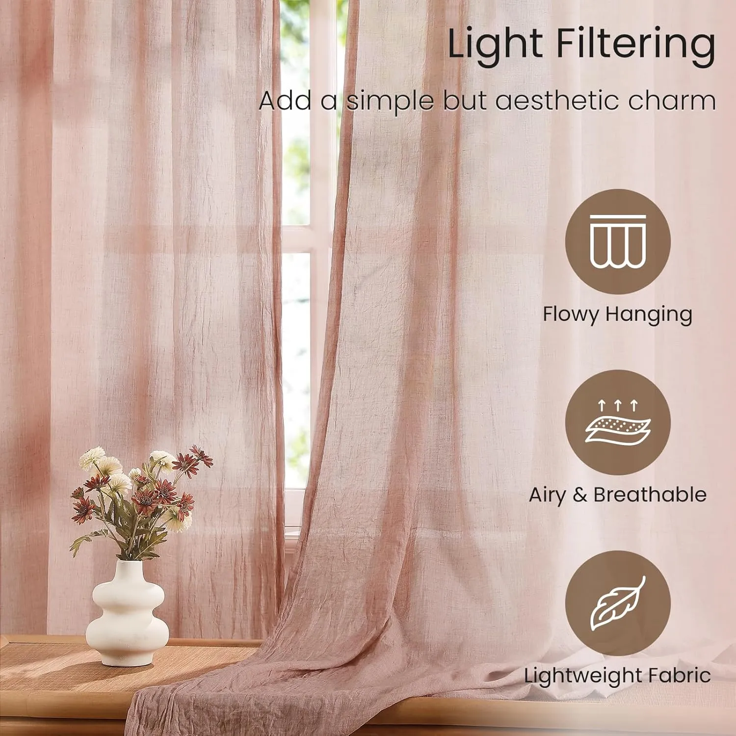 Melodieux Blush Pink Cotton Sheer Curtains 84 Inches Long, Bedroom Living Room Natural Light Filtering Crepe Voile Drapes Rustic Crinkle Linen Sheer Curtains Rod Pocket, 52" W x 84" L, 2 Panels