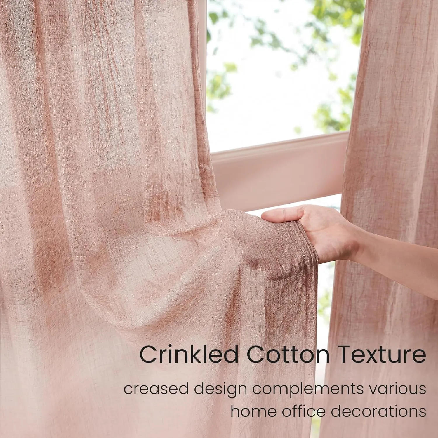 Melodieux Blush Pink Cotton Sheer Curtains 84 Inches Long, Bedroom Living Room Natural Light Filtering Crepe Voile Drapes Rustic Crinkle Linen Sheer Curtains Rod Pocket, 52" W x 84" L, 2 Panels