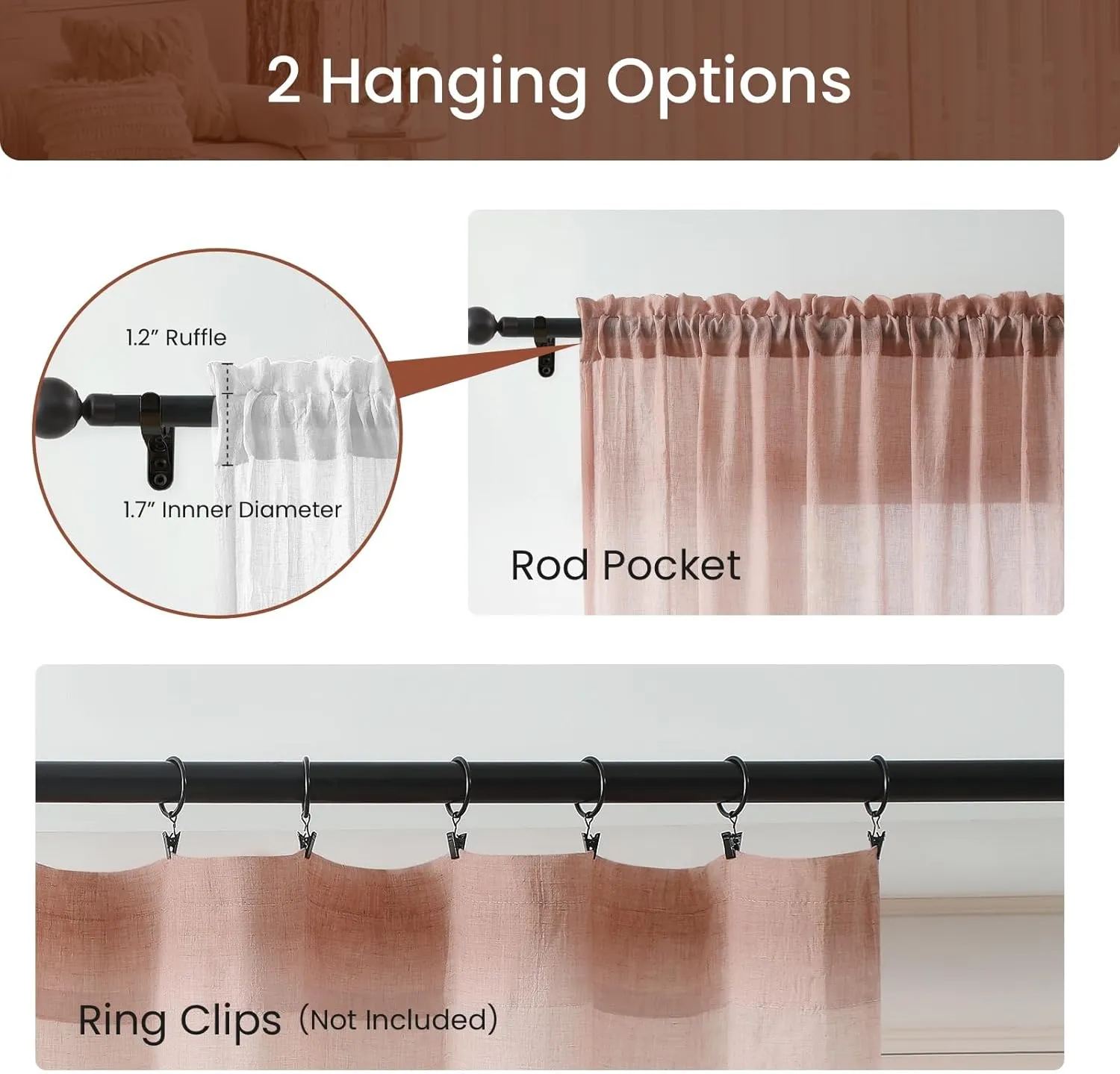 Melodieux Blush Pink Cotton Sheer Curtains 84 Inches Long, Bedroom Living Room Natural Light Filtering Crepe Voile Drapes Rustic Crinkle Linen Sheer Curtains Rod Pocket, 52" W x 84" L, 2 Panels