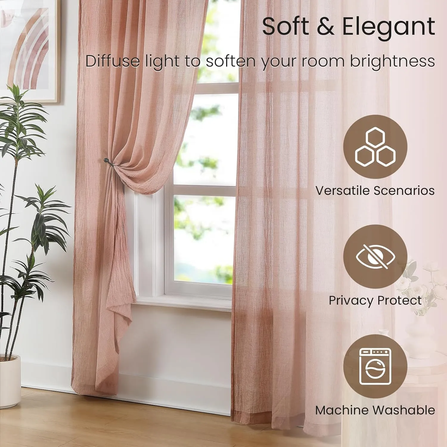 Melodieux Blush Pink Cotton Sheer Curtains 84 Inches Long, Bedroom Living Room Natural Light Filtering Crepe Voile Drapes Rustic Crinkle Linen Sheer Curtains Rod Pocket, 52" W x 84" L, 2 Panels