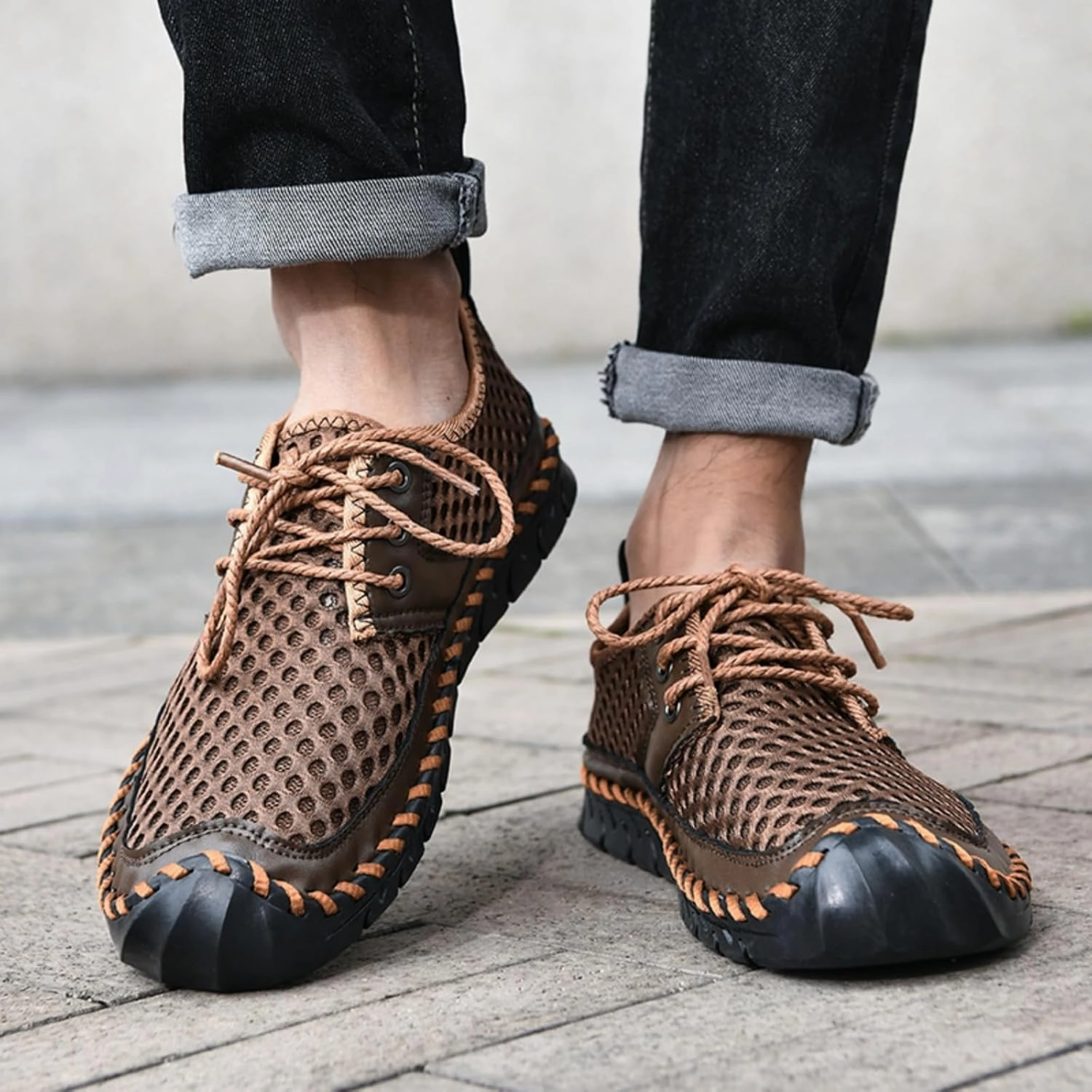 Men's Breathable Mesh Casual Shoes with Reinforced Toe Cap & Sturdy Woven Sole Non-Slip Rubber Sole for Outdoor Hiking & Daily Wear Metal-Eyelet Lacing System with Anti-Collision Toe Protection