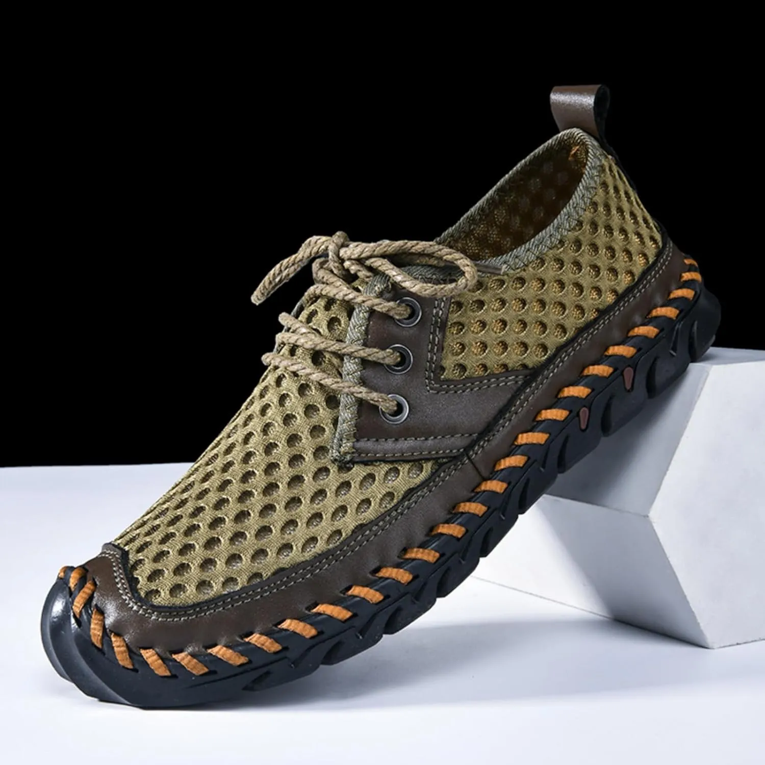 Men's Breathable Mesh Casual Shoes with Reinforced Toe Cap & Sturdy Woven Sole Non-Slip Rubber Sole for Outdoor Hiking & Daily Wear Metal-Eyelet Lacing System with Anti-Collision Toe Protection