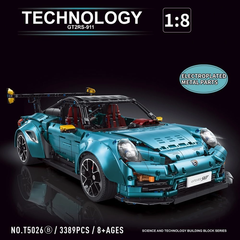 MISINI TGL T5026B 911 Sports Car Building Kit, 1:8 Scale Race Car Building Blocks Set and Construction Toys, Car Models Kits to Build for Adults, Compatible with Main Brands Cars(3389 PCS), Blue