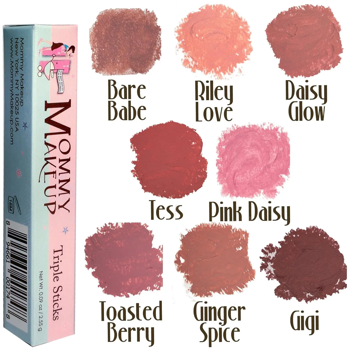 Mommy Makeup Triple Sticks Lipstick, Cream Blush & Teatment All-In-One with Shea & Cocoa Butter - Soft & Creamy Moisturizing Lip Crayon For Lips & Cheeks (Tess)