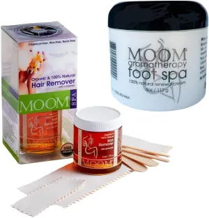 MOOM Organic Sugar Wax Hair Removal Kit & Aromatherapy Foot Spa Bundle – Lavender Waxing Kit (6 oz) with Strips & Sticks   100% Natural Foot Cream for Smooth, Moisturized Skin