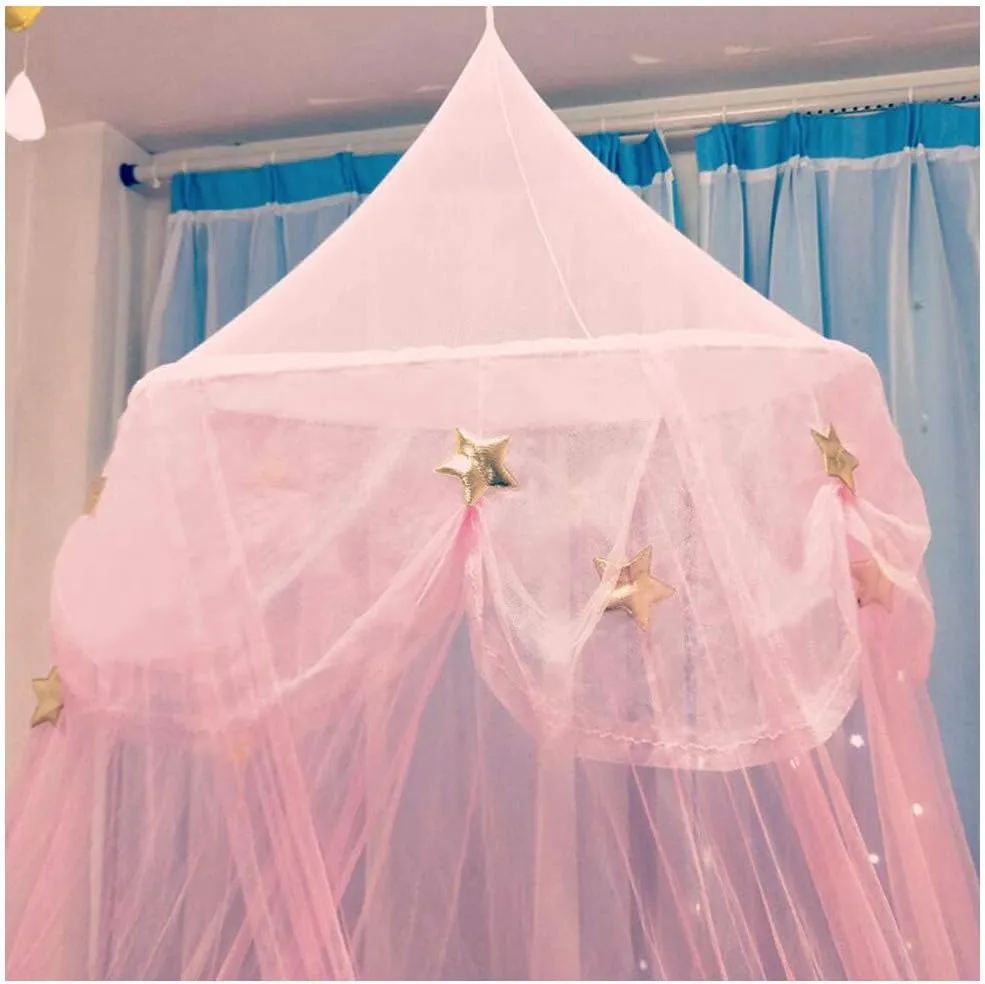Mosquito Net Canopy Bed Curtains Dome Princess Stars Bed Reading Tent for Girls Kids Single Twin Full Queen Size Bed, Room Decor(Pink)