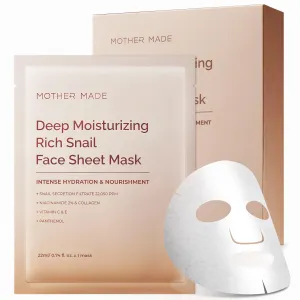 MOTHER MADE Deep Moisturizing Rich Snail Collagen Face Sheet Mask Pack of 5, with Snail Mucin, Low Molecular Collagens, Peptides, Niacinamide 2%, Korean Skin Care