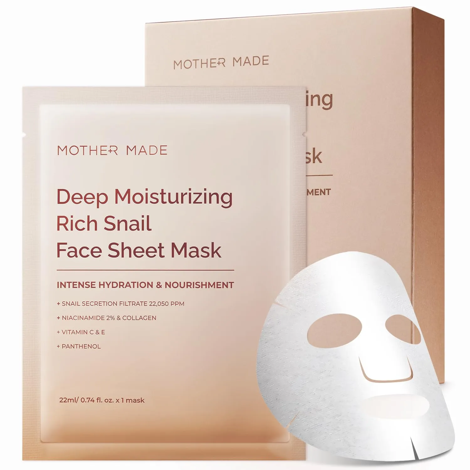 MOTHER MADE Deep Moisturizing Rich Snail Collagen Face Sheet Mask Pack of 5, with Snail Mucin, Low Molecular Collagens, Peptides, Niacinamide 2%, Korean Skin Care