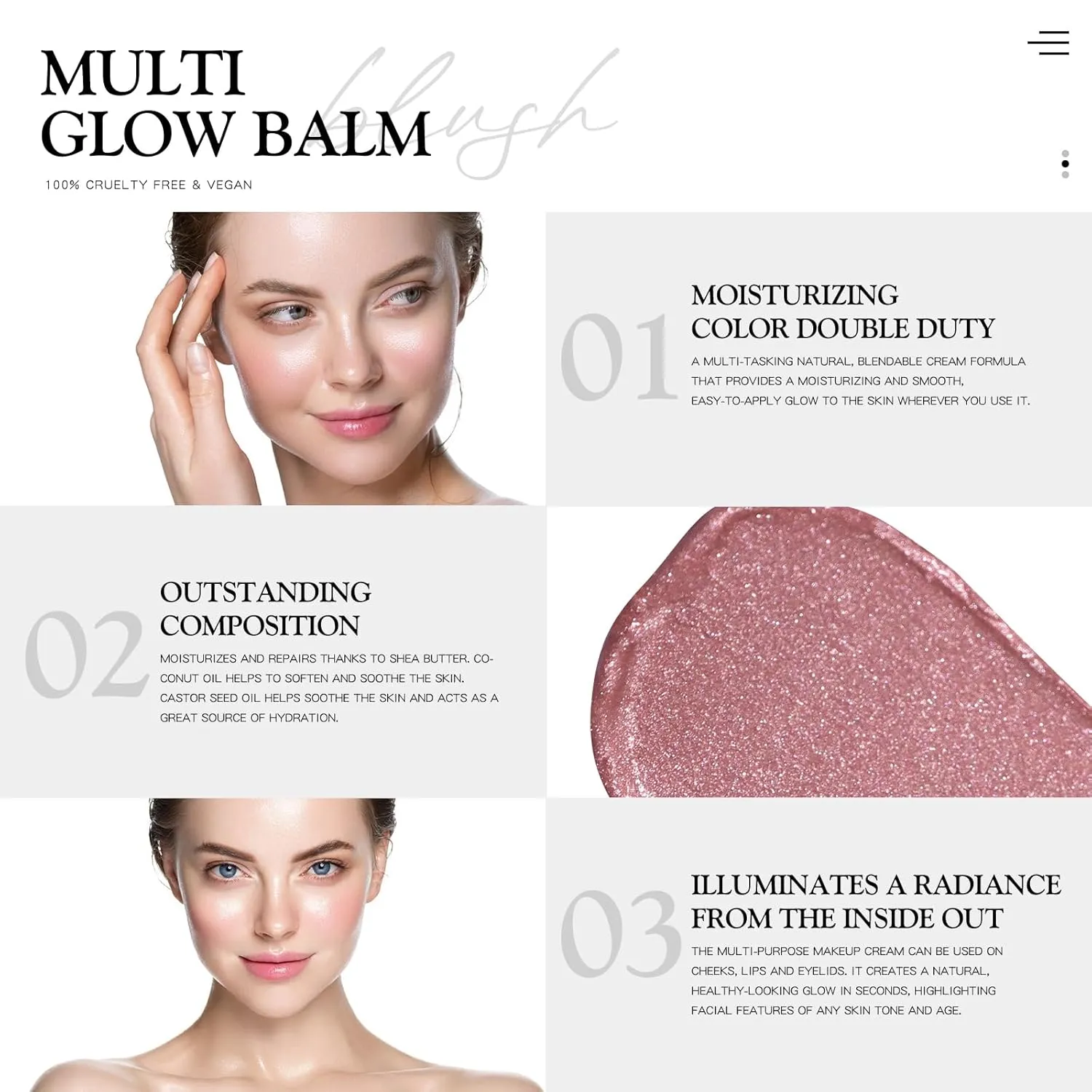 Multi Glow Balm, Cream Blush for Cheeks, Blush Balm Face Makeup, Radiant Finish, Hydrating, Creamy, Lightweight & Blendable Color, Face Makeup, 0.63 Oz (Pink Camellia)
