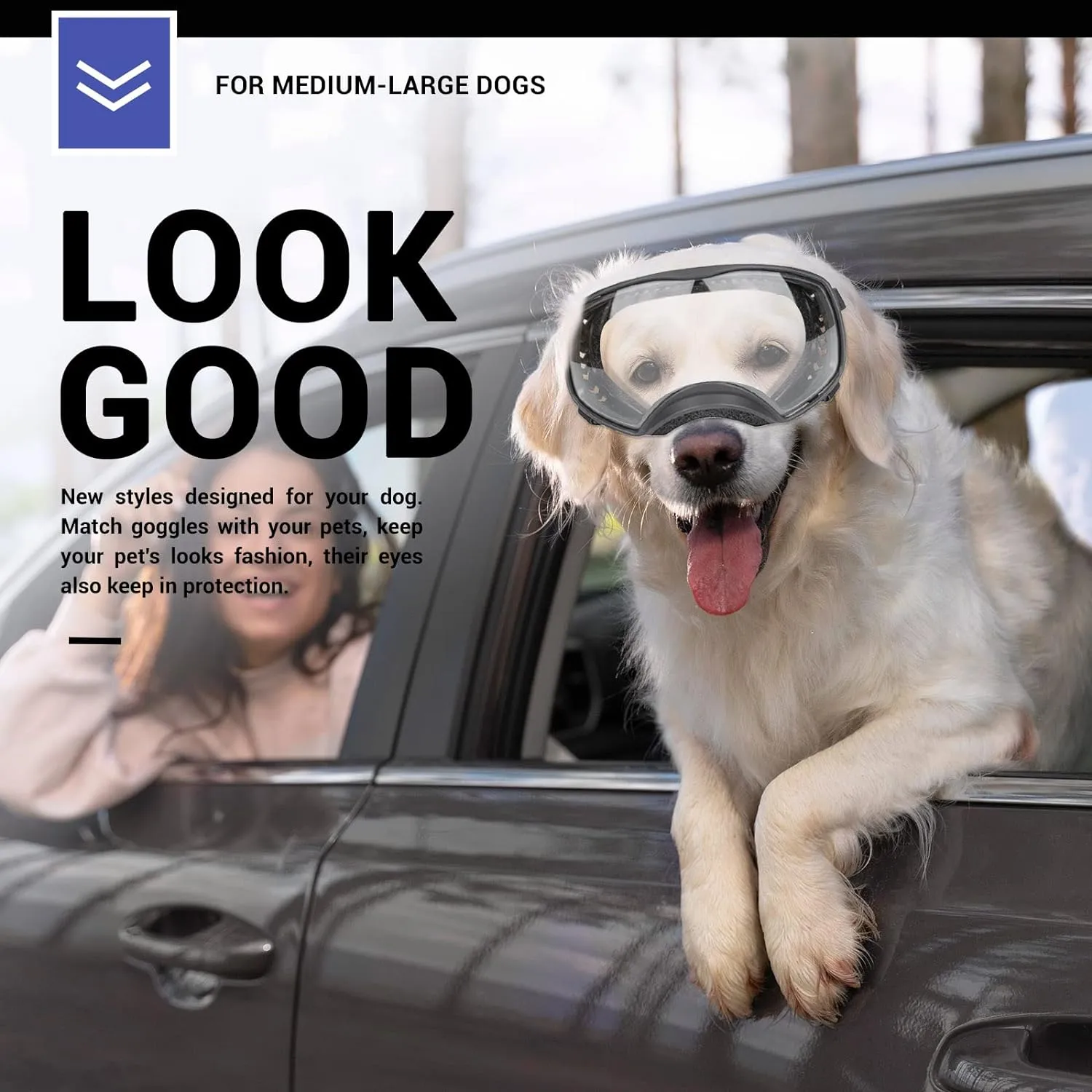 NAMSAN Dog Goggles for Large Dogs, Clear Lenses, Dog Sunglasses Medium to Large Breed, Anti-UV Doggie Eye Protection, Adjustable Driving Glasses, Windproof Dustproof, Black