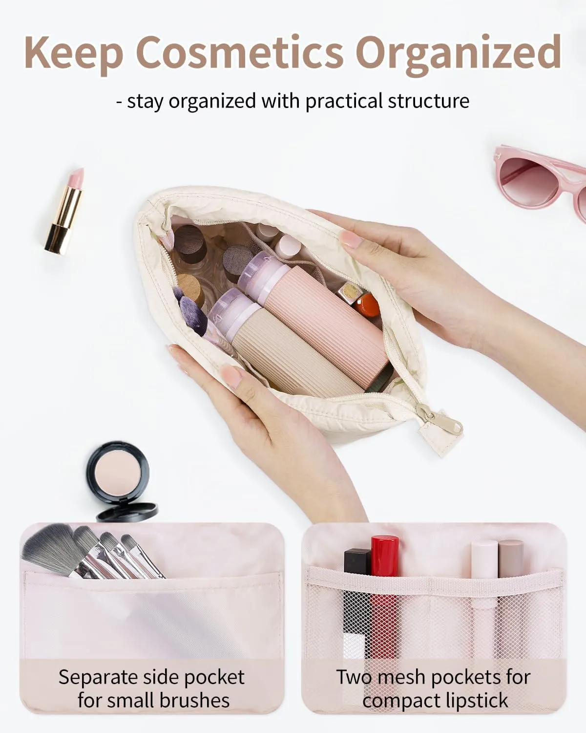 Narwey Puffy Makeup Bag for Purse Travel Women Girl, Puffer Cosmetic Bag Makeup Zipper Pouch, Cute Make Up Organizer Bags, Travel Toiletry Bag Toiletries (Beige)