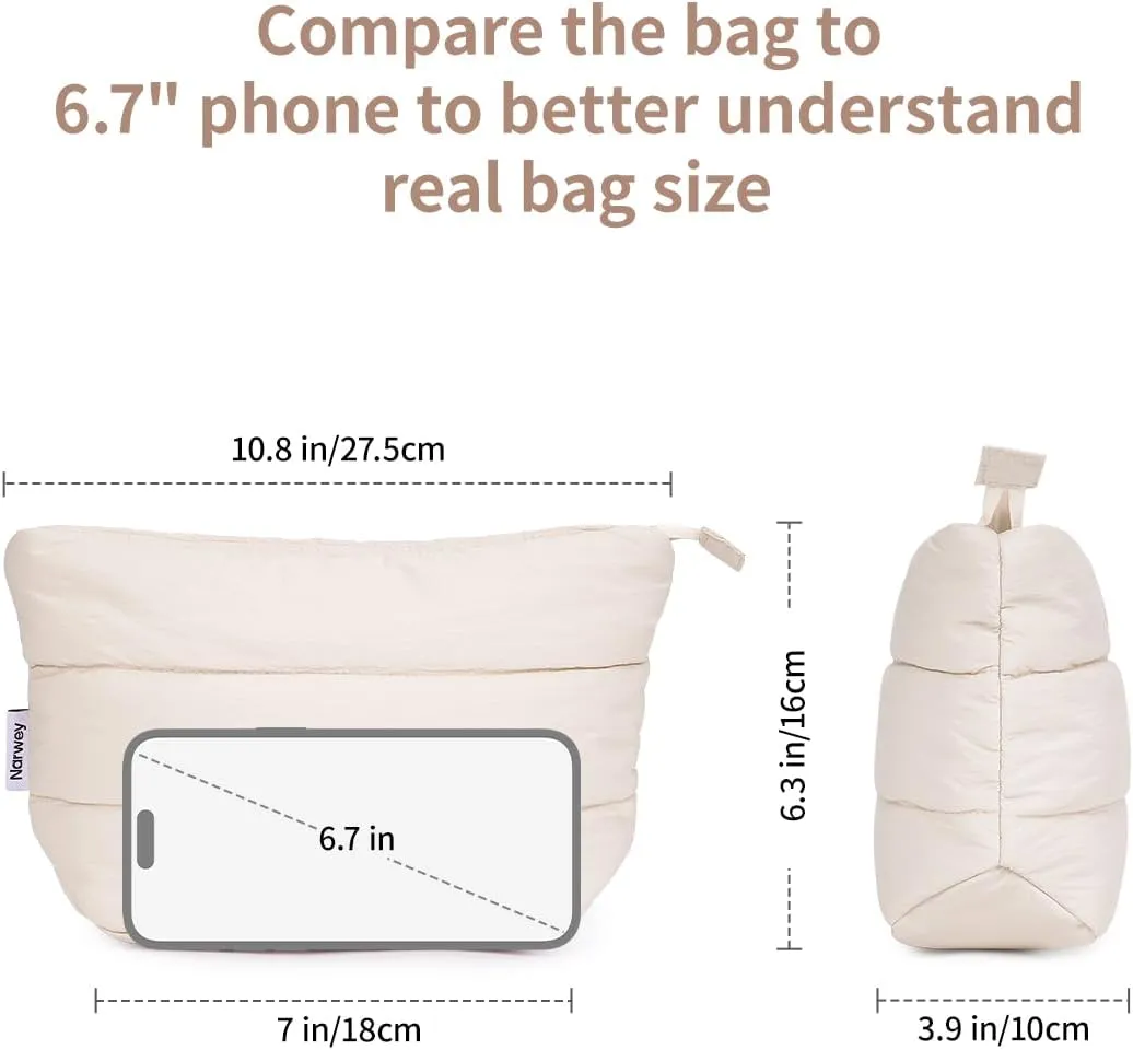 Narwey Puffy Makeup Bag for Purse Travel Women Girl, Puffer Cosmetic Bag Makeup Zipper Pouch, Cute Make Up Organizer Bags, Travel Toiletry Bag Toiletries (Beige)