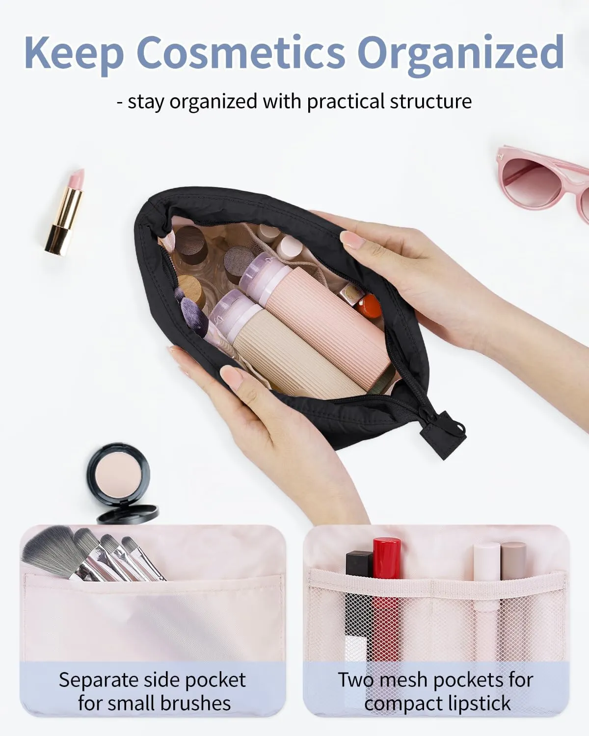 Narwey Puffy Makeup Bag for Purse Travel Women Girl, Puffer Cosmetic Bag Makeup Zipper Pouch, Cute Make Up Organizer Bags, Travel Toiletry Bag Toiletries (Black)