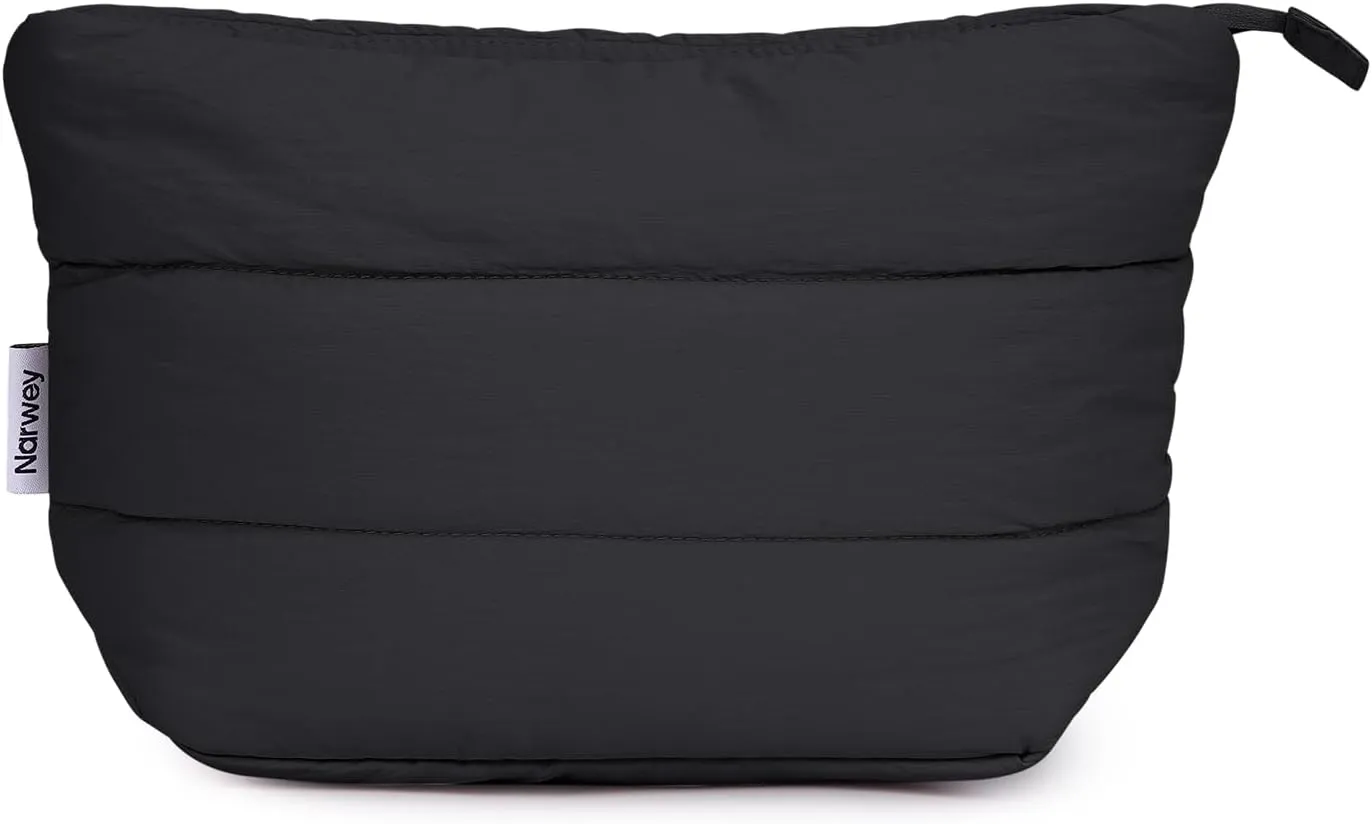 Narwey Puffy Makeup Bag for Purse Travel Women Girl, Puffer Cosmetic Bag Makeup Zipper Pouch, Cute Make Up Organizer Bags, Travel Toiletry Bag Toiletries (Black)