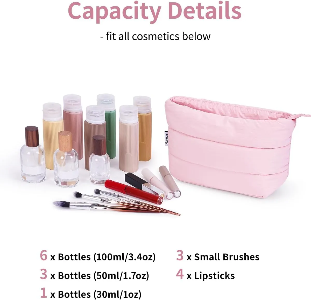 Narwey Puffy Makeup Bag for Purse Travel Women Girl, Puffer Cosmetic Bag Makeup Zipper Pouch, Cute Make Up Organizer Bags, Travel Toiletry Bag Toiletries (Dusty Rose)