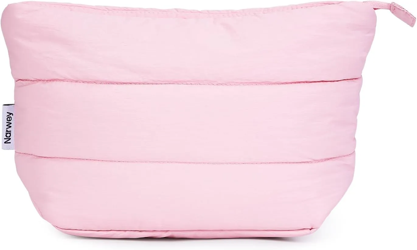 Narwey Puffy Makeup Bag for Purse Travel Women Girl, Puffer Cosmetic Bag Makeup Zipper Pouch, Cute Make Up Organizer Bags, Travel Toiletry Bag Toiletries (Dusty Rose)