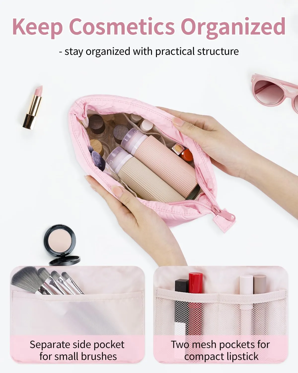 Narwey Puffy Makeup Bag for Purse Travel Women Girl, Puffer Cosmetic Bag Makeup Zipper Pouch, Cute Make Up Organizer Bags, Travel Toiletry Bag Toiletries (Dusty Rose)