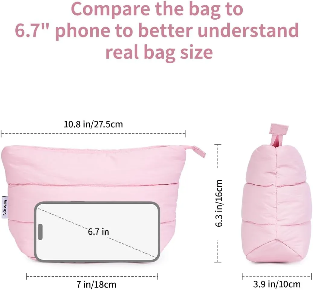 Narwey Puffy Makeup Bag for Purse Travel Women Girl, Puffer Cosmetic Bag Makeup Zipper Pouch, Cute Make Up Organizer Bags, Travel Toiletry Bag Toiletries (Dusty Rose)