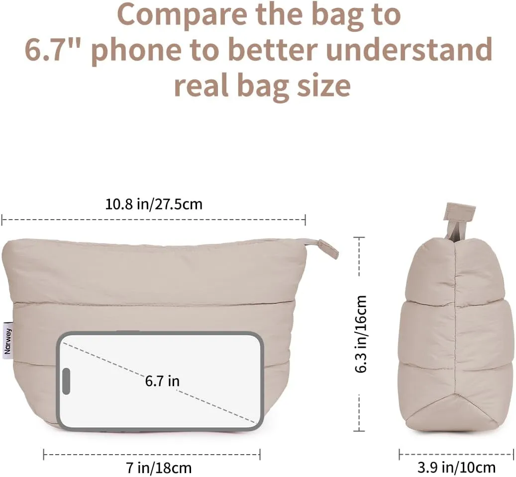 Narwey Puffy Makeup Bag for Purse Travel Women Girl, Puffer Cosmetic Bag Makeup Zipper Pouch, Cute Make Up Organizer Bags, Travel Toiletry Bag Toiletries (Khaki)