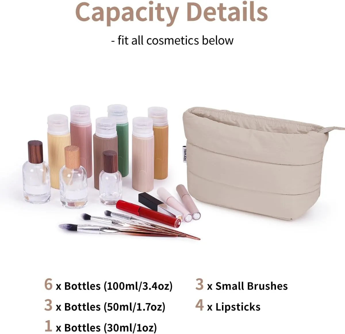 Narwey Puffy Makeup Bag for Purse Travel Women Girl, Puffer Cosmetic Bag Makeup Zipper Pouch, Cute Make Up Organizer Bags, Travel Toiletry Bag Toiletries (Khaki)