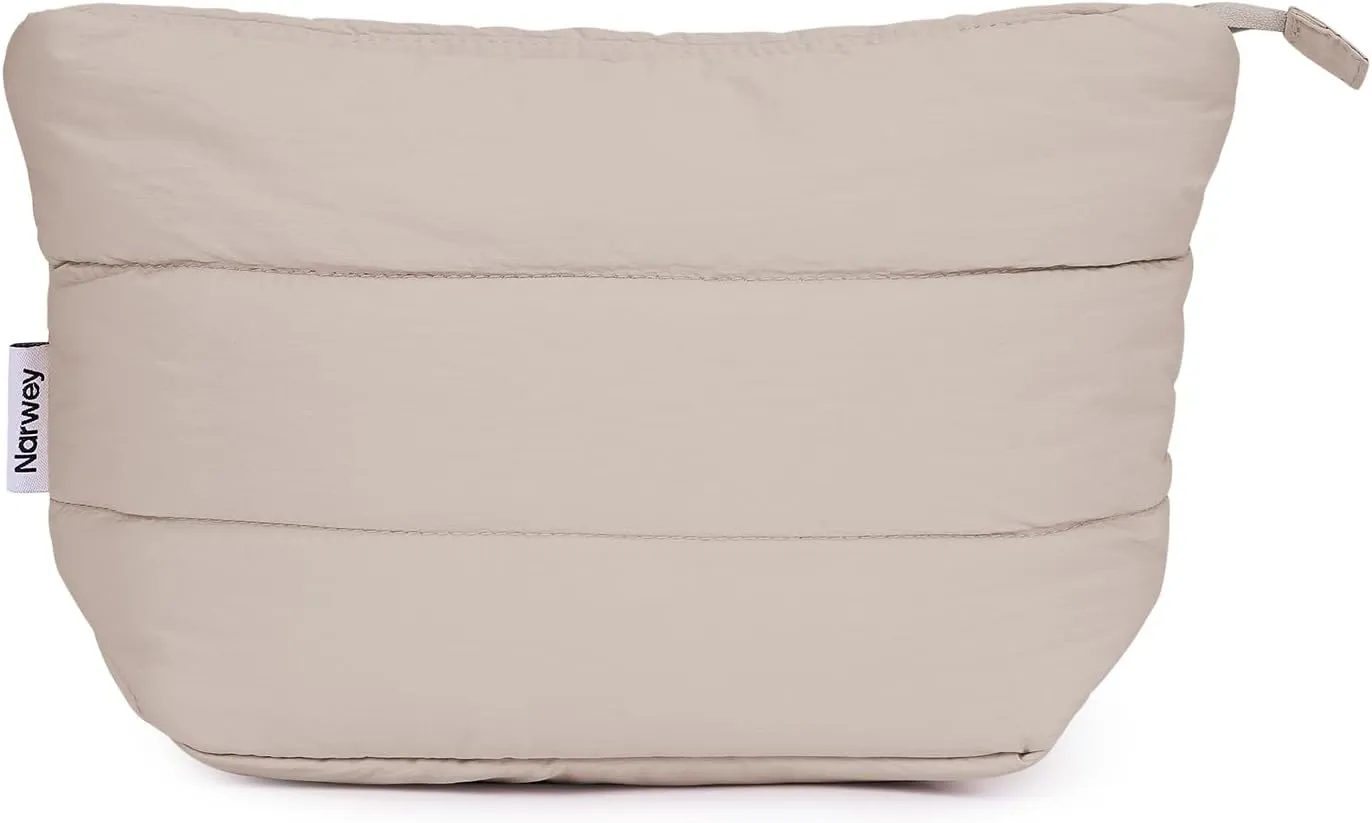 Narwey Puffy Makeup Bag for Purse Travel Women Girl, Puffer Cosmetic Bag Makeup Zipper Pouch, Cute Make Up Organizer Bags, Travel Toiletry Bag Toiletries (Khaki)