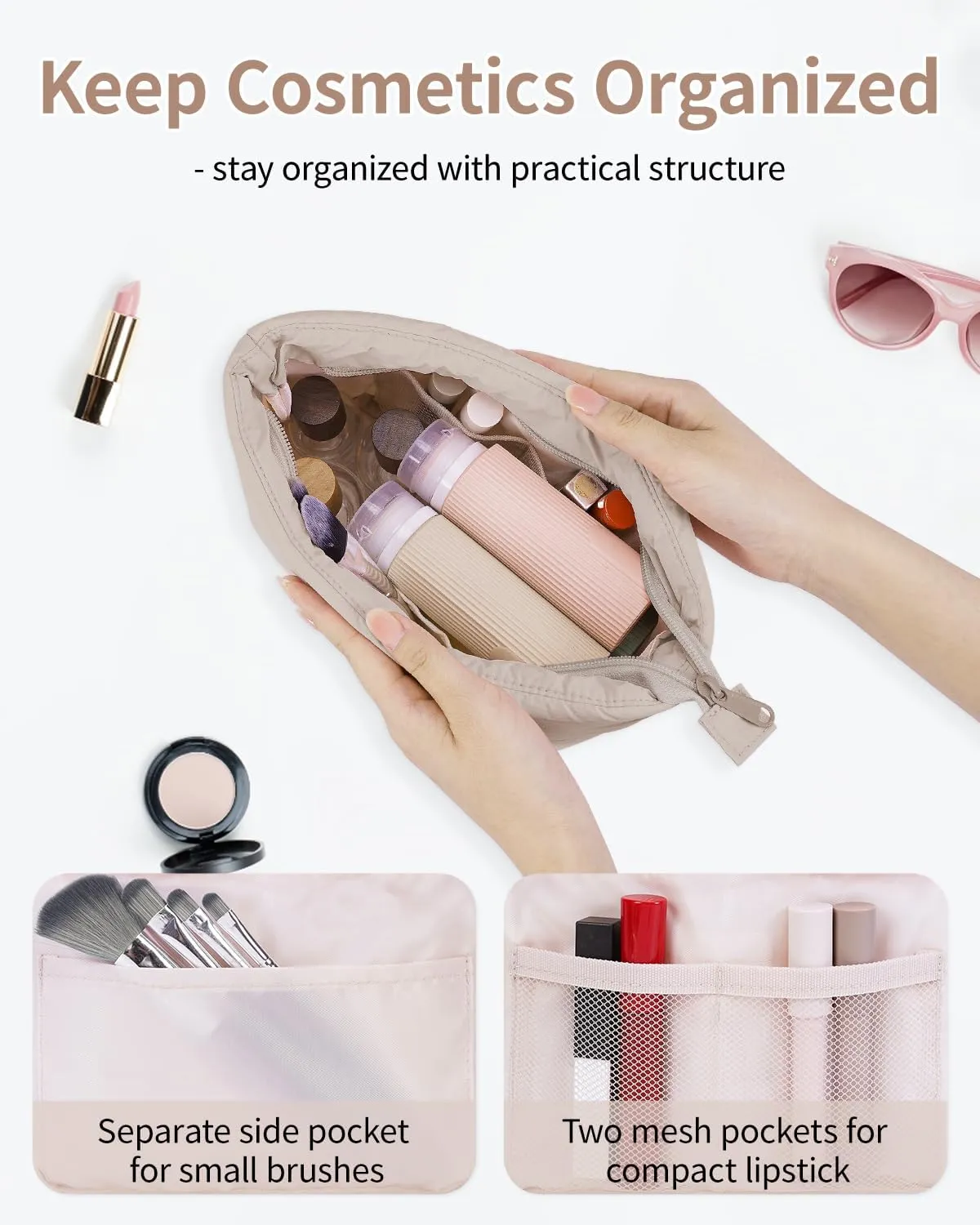 Narwey Puffy Makeup Bag for Purse Travel Women Girl, Puffer Cosmetic Bag Makeup Zipper Pouch, Cute Make Up Organizer Bags, Travel Toiletry Bag Toiletries (Khaki)
