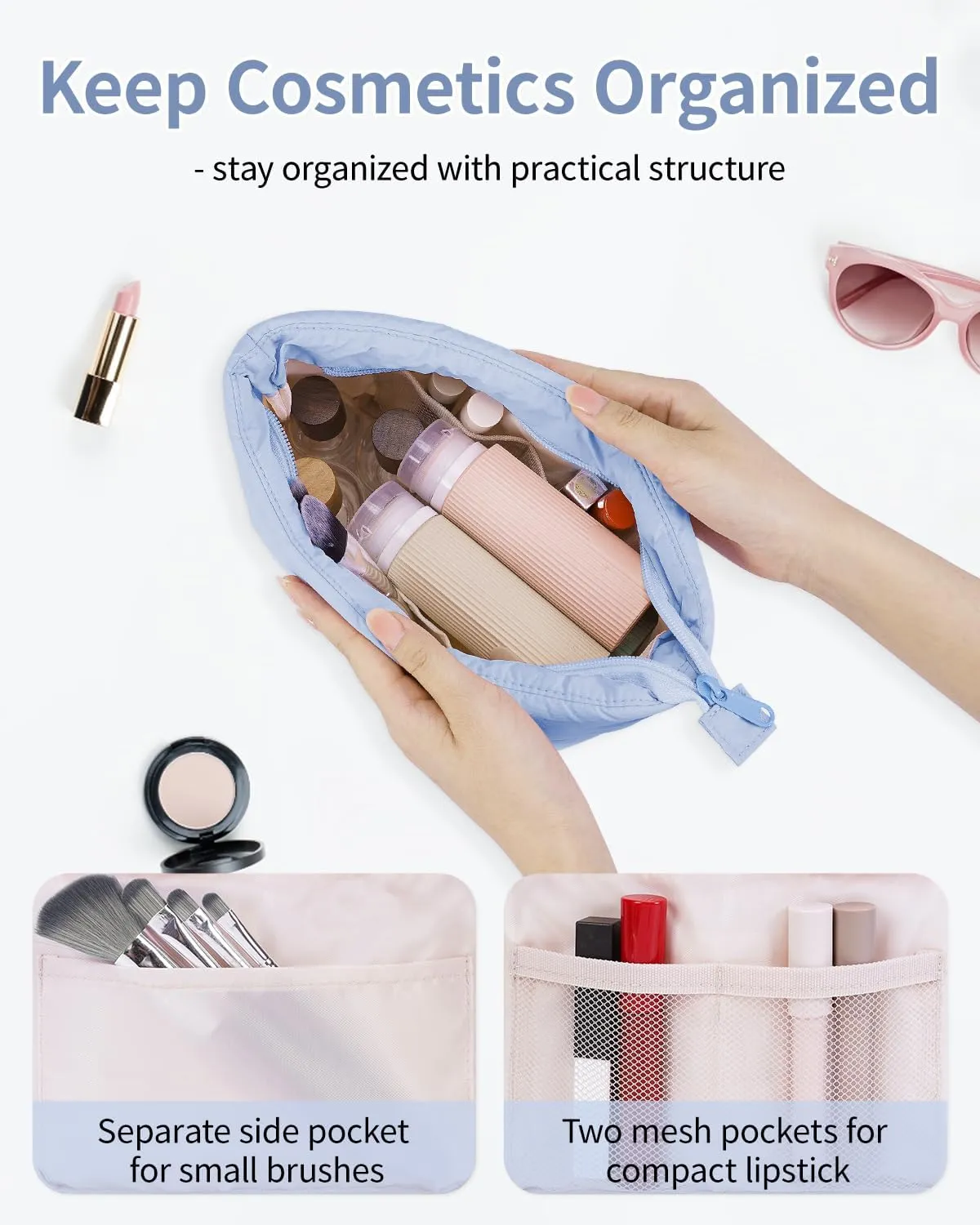 Narwey Puffy Makeup Bag for Purse Travel Women Girl, Puffer Cosmetic Bag Makeup Zipper Pouch, Cute Make Up Organizer Bags, Travel Toiletry Bag Toiletries (Light Blue)