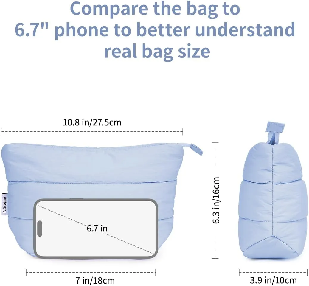 Narwey Puffy Makeup Bag for Purse Travel Women Girl, Puffer Cosmetic Bag Makeup Zipper Pouch, Cute Make Up Organizer Bags, Travel Toiletry Bag Toiletries (Light Blue)